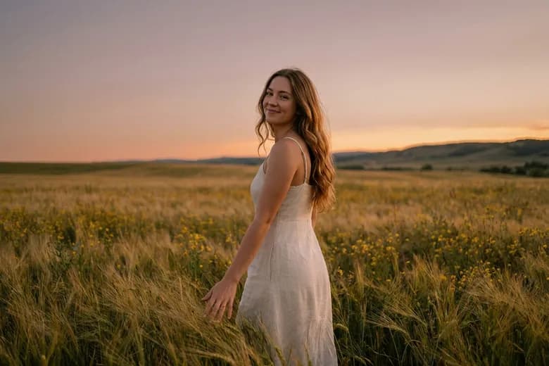 New look: portrait in a field at sunset