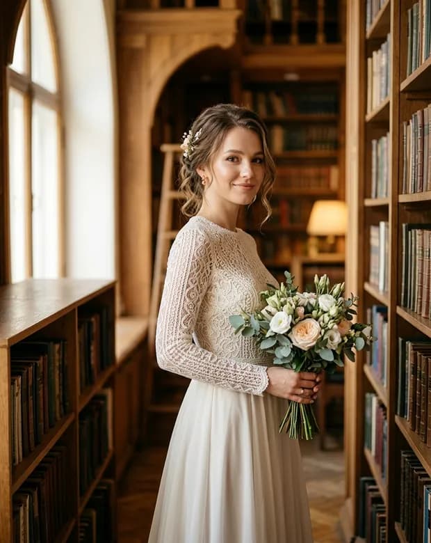 New look: wedding portrait in a library
