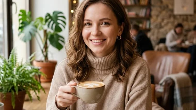 A woman in a cafe holding a coffee cup, fingers fully visible